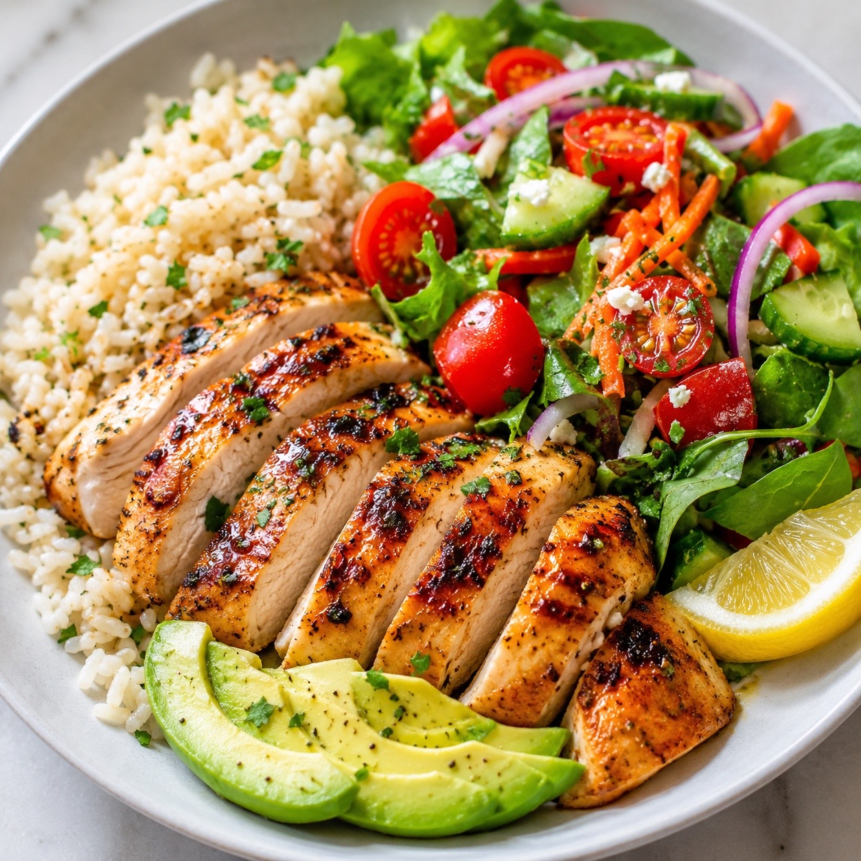 Grilled chicken, rice, avocado, and colorful salad bowl